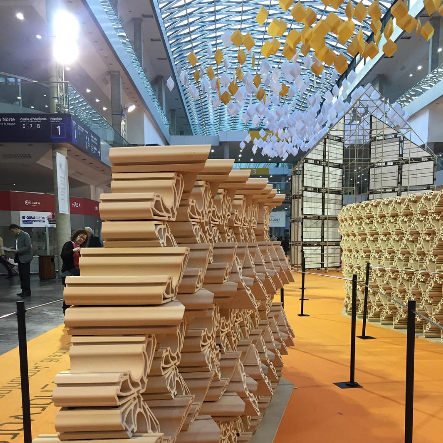 As part of the trip, contest winners get to visit Cevisama, the International Ceramic Tile and Bath Furnishing Show in Valencia. These partition modules, produced with extruded clay, can be cut and stacked in many combinations. Using only a single die, the modules were designed by Harvard University Graduate School of Design's Material Processes and Systems Group, produced for this installation with the Spanish Association of Manufacturers of Ceramic Tile. Photo courtesy Elaine Santos.