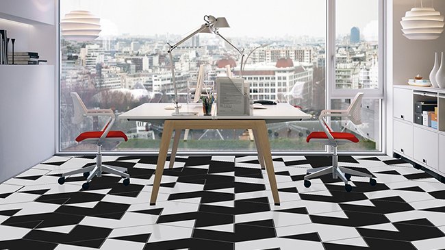 This tessellated tile pattern was inspired by Kristyna Borden's trip to Spain. The tile, part of Lea Ceramiche's Pixel + Nest line was designed by HOK's Product Design Team. Photo courtesy HOK Product Design